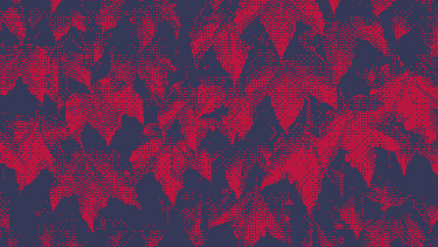 Red and Dark Blue Halftone Maple Leaves Abstract Botanical Background Pattern Design