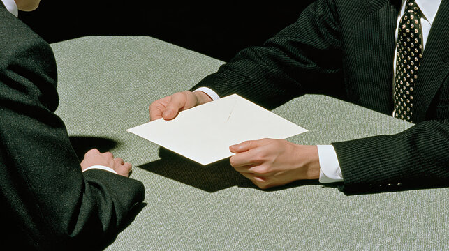 Anonymous business professionals exchanging envelope across table, depicting bribery, secrecy, and unethical financial conduct in corporate setting