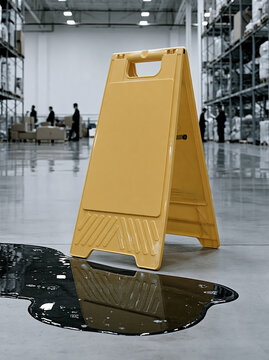 Bright yellow folding caution sign beside shallow black spill in warehouse, emphasizing workplace safety and hazard awareness