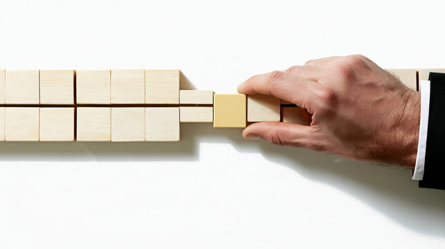 Business acquisition concept showing two separate groups of wooden blocks connecting through single central piece