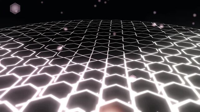 Futuristic glowing hexagon grid, digital white honeycomb pattern on black background, abstract sci-fi data network visualization