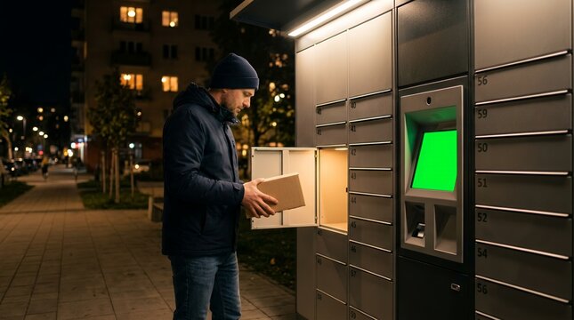 Man picking up parcel from automated delivery locker at night outside