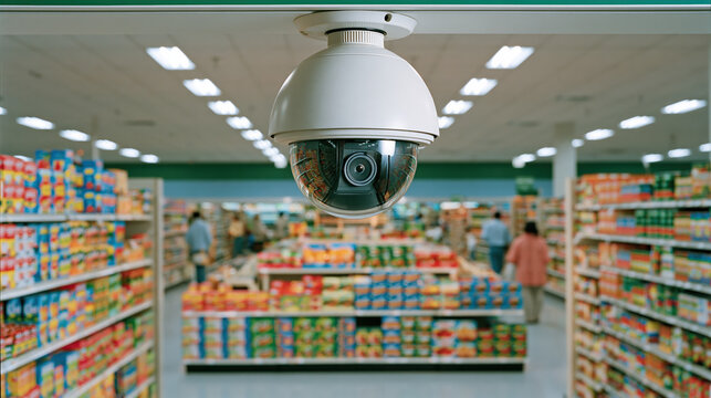 Close retail surveillance camera monitors brightly lit supermarket aisle with shelves, shoppers, and colorful packaged goods in soft focus
