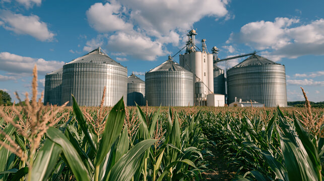 Commercial grain handling complex mature corn field under blue sky