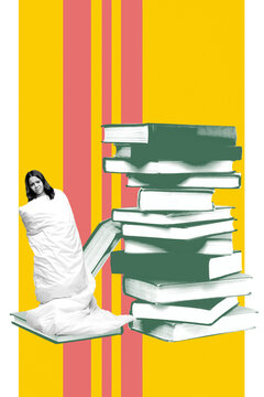 Exclusive image vertical photo collage of sad teenage schoolgirl cove duvet sleepover early morning book stack homework study