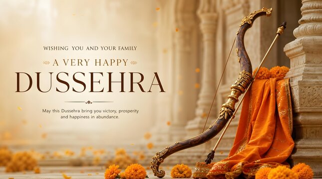 Carved Wooden Bow and Arrow with Orange Fabric Garland on Stone Temple Pillar for Happy Dussehra Banner Background