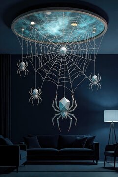 Halloween spiderweb chandelier with large geometric spiders and glowing blue ceiling in modern living room