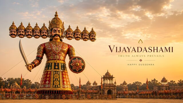 Giant Ten Headed Ravana Effigy Statue Standing in Open Festival Ground at Sunset for Vijayadashami Banner Background
