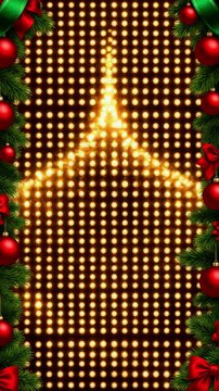 Christmas background features twinkling lights and decorative baubles framing a space.