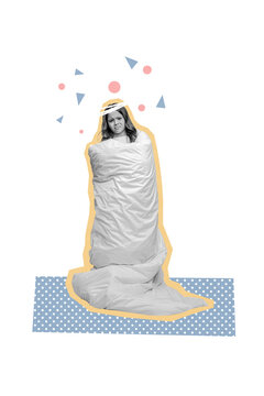Vertical poster collage young girl teen covered blanket sleepover nightdream insomnia sleeplessness drawing background take nap