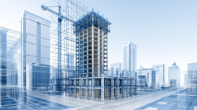 Futuristic building project represented as hybrid between architectural blueprint and construction site with crane and scaffold