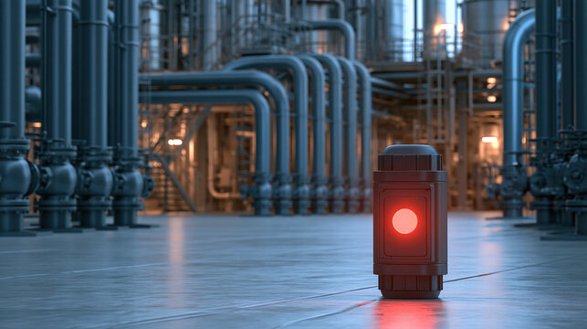 Industrial process safety concept with glowing red warning beacon among pipelines and machinery