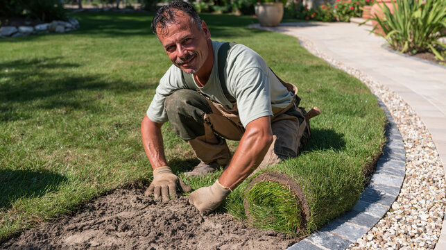 Lawn renovation concept featuring skilled landscape worker installing fresh grass in garden