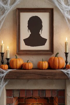 Halloween decor with pumpkins and candles on a fireplace mantel
