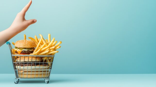 A hand pushes away a cart of fast food, signaling a commitment to weight loss against a serene blue backdrop