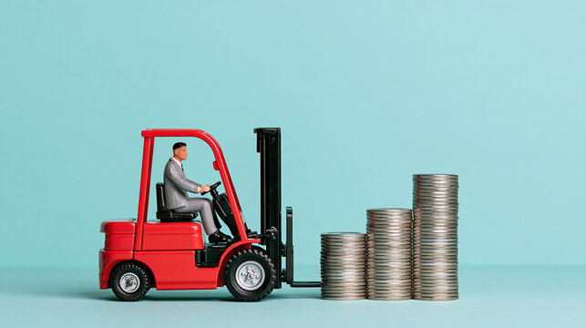 Red forklift lifting stacked silver coin, business productivity concept with miniature worker, on blue background