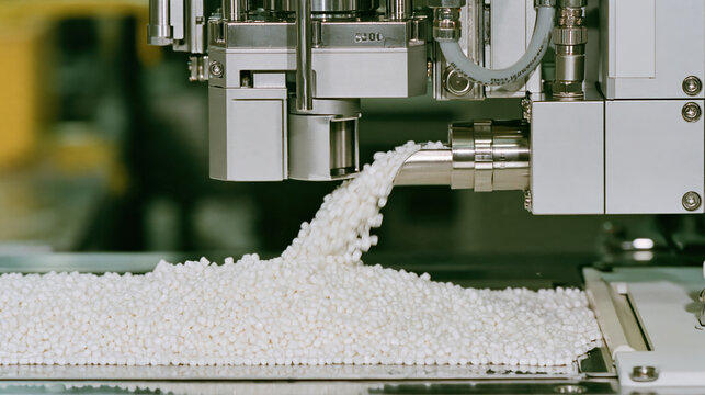 Polymer pellet production machine dispensing white granule material onto conveyor during automated industrial manufacturing