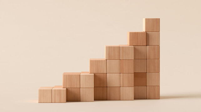 Wooden block staircase showing continuous improvement and ascending growth against neutral background