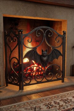 Halloween ornate wrought iron fireplace screen with bat design and glowing fire