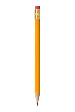 Sharp, yellow wooden pencil with a pink eraser and gold ferrule stands upright on a clean white background