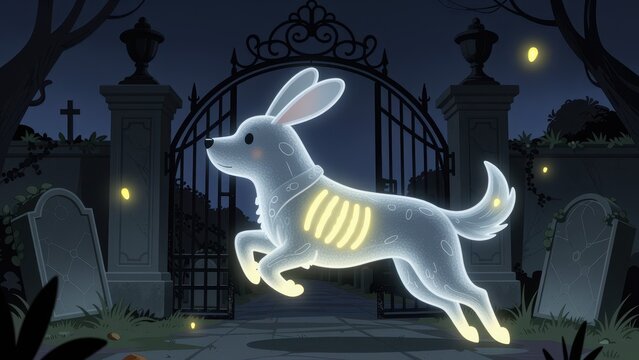 halloween glowing dog leaping through cemetery gate with skeletal body and fairy lights
