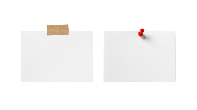 Blank white sticky notes with adhesive tape and red push pin, two rectangular memo sheets pinned on surface, message board paper slips for office and school isolated on transparent background