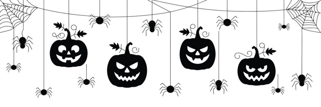 Black and white halloween banner featuring hanging jack o lantern pumpkins, spooky spiders, and webs