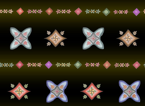 Seamless repeating pattern with Flowrs motifs placed at different angles, balanced by smaller floral elements and filler