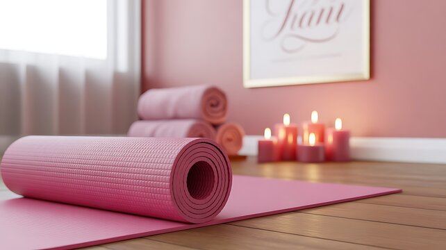 Pink yoga mat unrolled on a wooden floor, with lit candles and stacked towels