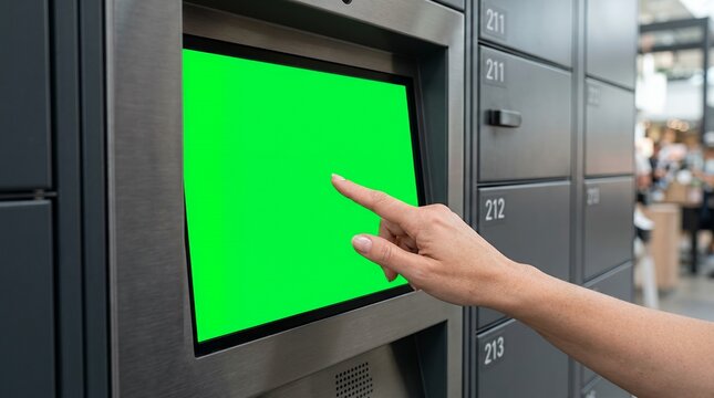Woman hand touching green screen display on automated parcel locker