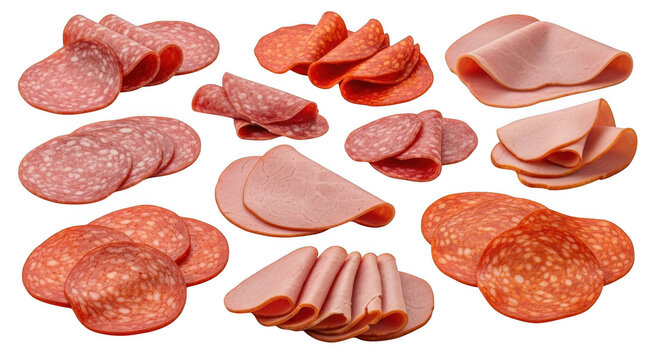 Assorted Cured Meats Sliced Thinly with Even Lighting Isolated on Transparent Background