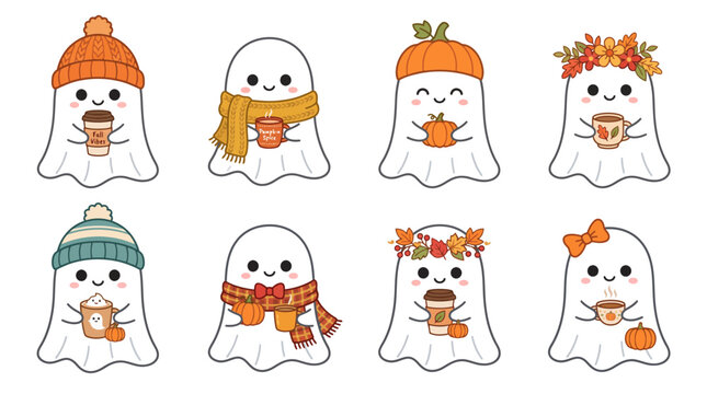 Kawaii Halloween ghost vector set, cute autumn spirits with pumpkin spice coffee, 8 cozy fall character illustrations