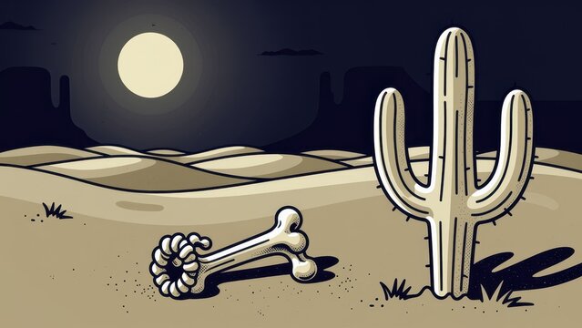 halloween desert scene with cactus and bone under moonlight