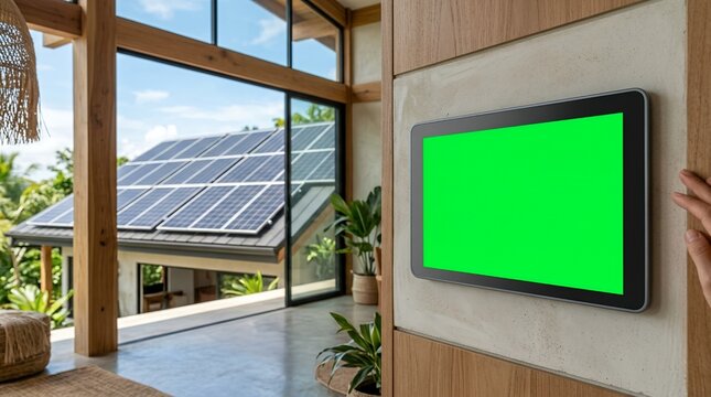 Smart Energy Touch Screen Wall Monitor Mockup With Green Screen In Modern Sustainable Home With Solar Panels