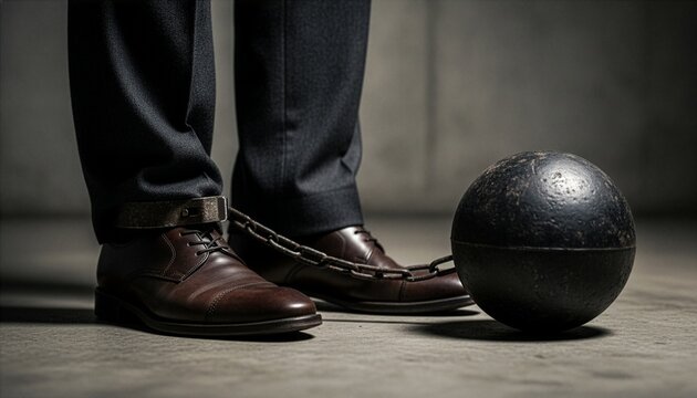Close up of a businessman foot wearing brown leather shoe shackled to a heavy rusty iron ball and chain on a concrete floor, symbolizing corporate debt, legal pressure, and business limitation