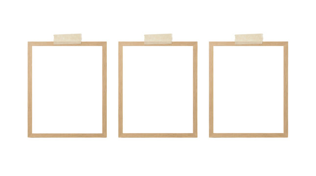 Minimalist wooden picture frames, set of three empty square wooden borders secured with beige adhesive tape, blank photo display for scrapbooking albums isolated on transparent background