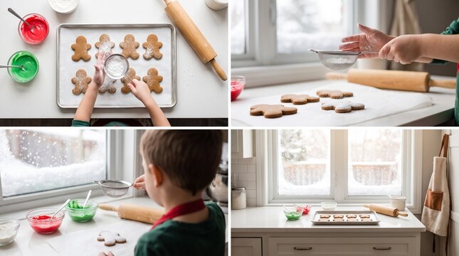 decorating gingerbread cookies with icing on christmas kitchen counter