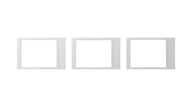 Blank white photo frames, set of three horizontal paper picture borders and rectangular photographic borders, retro paper photography supplies for scrapbooking isolated on transparent background