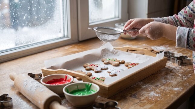 decorating gingerbread cookies with icing on christmas kitchen counter