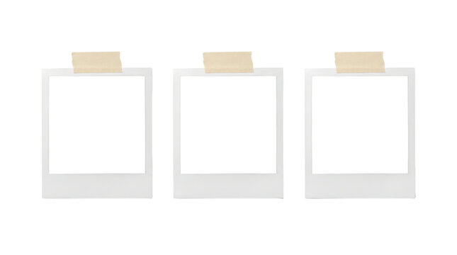 Vintage white photo frames, set of three blank square polaroid style film borders, retro paper picturedesign elements for scrapbooking albums isolated on transparent background