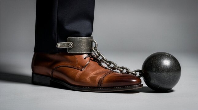 Close up of a businessman foot wearing a brown leather dress shoe shackled to a heavy iron ball and chain, symbolizing financial debt, professional confinement, and career restriction.