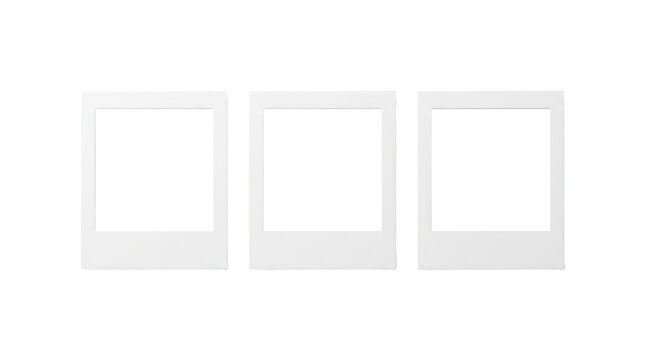 Vintage instant photo frames, set of three blank polaroid style film borders, retro white paper picturedesign elements for scrapbooking isolated on transparent background