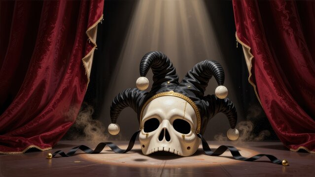 Halloween jester skull with black horns on stage under spotlight between red velvet curtains