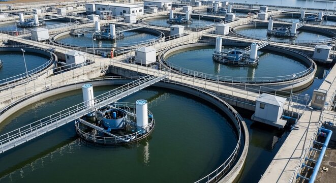 Modern industrial water treatment plant with circular sedimentation tanks and complex machinery showcasing advanced environmental purification processes.