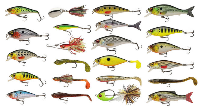 Assorted fishing lures arranged in a grid on a clean surface for angling enthusiasts Isolated on transparent background