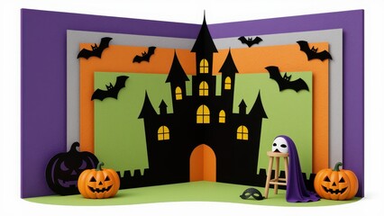Fototapeta premium halloween haunted castle pop-up display with jack-o-lanterns bats and a ghost figure