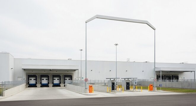Modern warehouse facility with loading docks and entry gates for efficient logistics operations