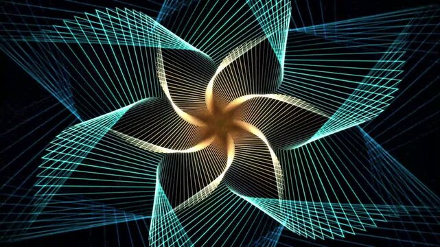 Cyan Wire frame Star Vortex with Golden Glowing Center in Seamless Hypnotic Loop