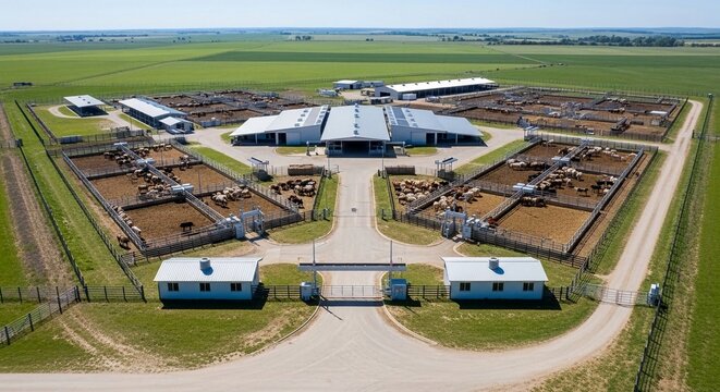 Sprawling modern cattle farm with extensive corrals and central complex, showcasing large-scale livestock operation