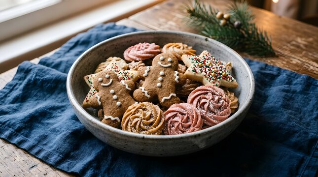 A ceramic bowl filled with assorted christmas gingerbread cookies and festive treats on a rustic table